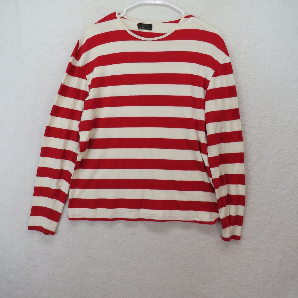 Zara Womens Red Cream Striped Long Sleeve Knit Top Crew Neck Size Large